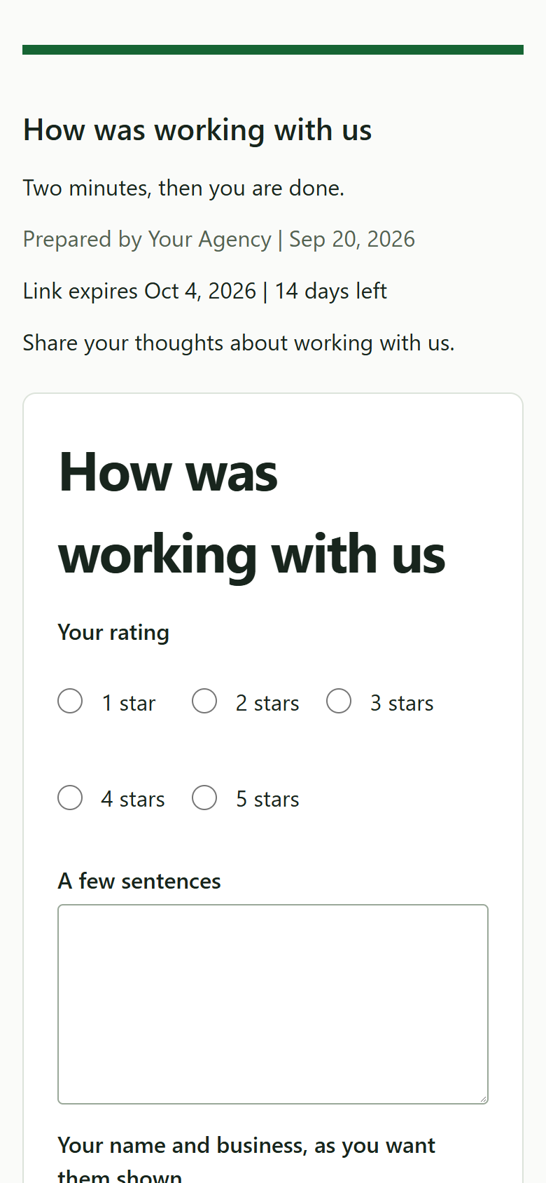 A feedback form on a phone: five stars, a few sentences, a name field and a permission checkbox