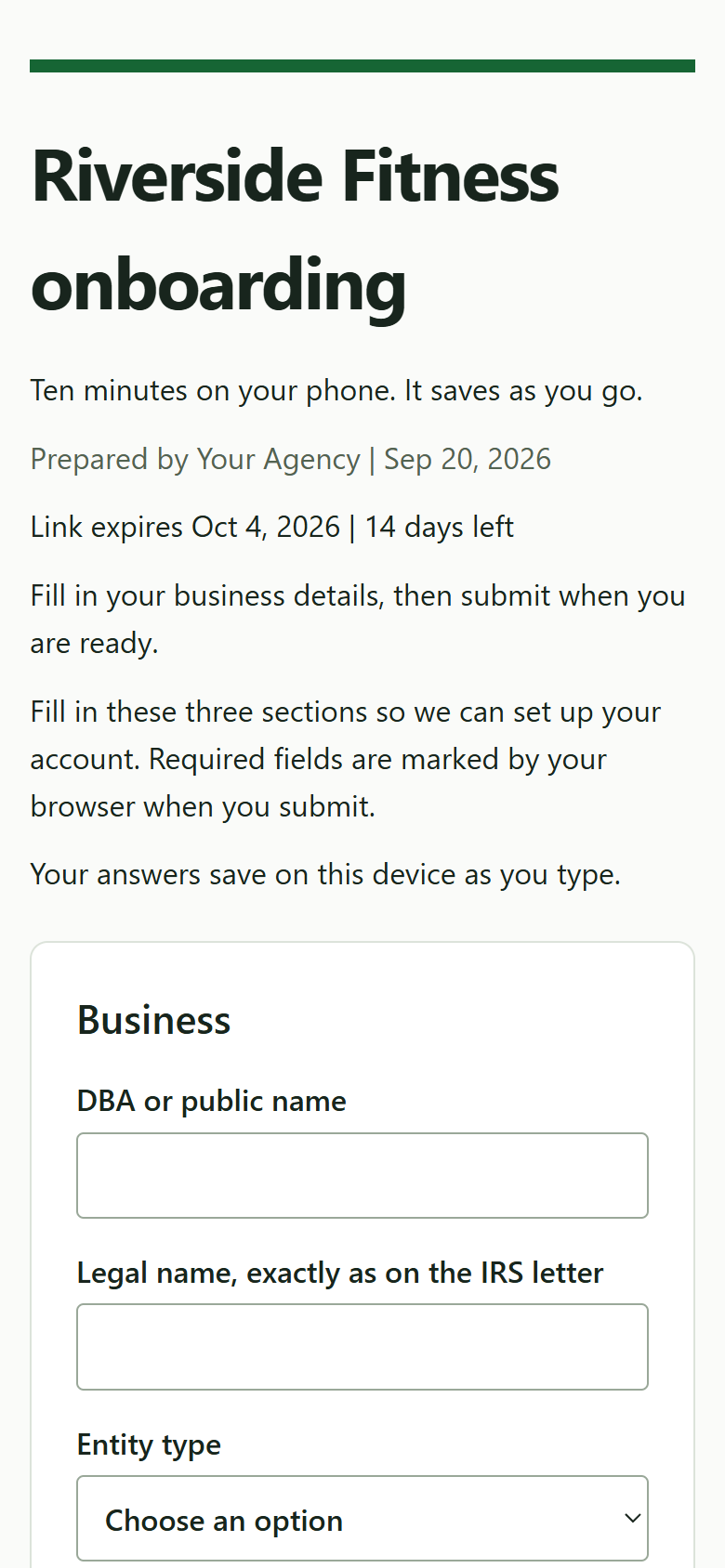 An onboarding questionnaire on a phone with business fields and a consent line under the mobile number