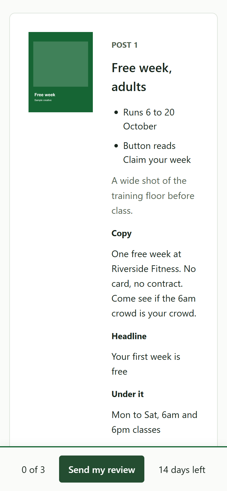 A campaign pack review on a phone: one post with its image, the copy beside it, and three choices under it
