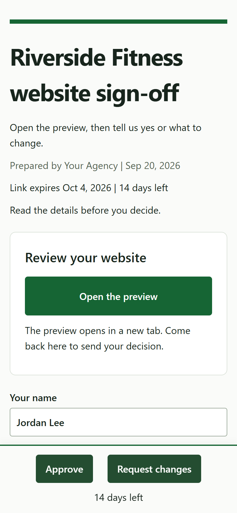 A site sign-off page on a phone with Approve and Request changes buttons